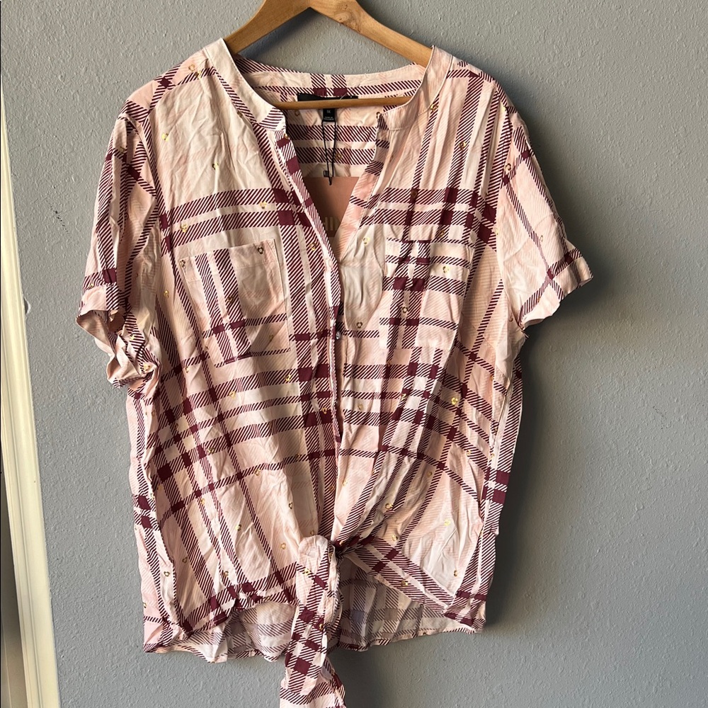 Harve Benard Pink and Burgundy Plaid Tie-Front Top